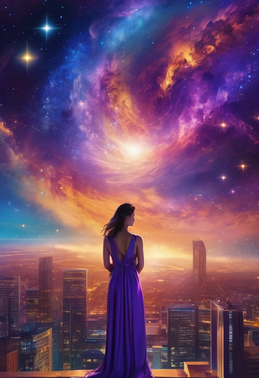 Female figure standing on the roof of a high-rise building, (Roof Focus), Surrounded by a vortex of cosmic energy, dreaming, Hazy landscape, The flowing starlight wraps around the human figure, A flowing robe that blends in with the galaxy, The sky is a tapestry of deep purples and blues, The stars shine, The scenery below is a series of rolling high-rise buildings, The scene was quiet and solemn, A way to capture the majestic essence of the universe, Contemplative figure standing in awe, Ultra HD, masterpiece, precise, anatomically correct, best quality, 8k