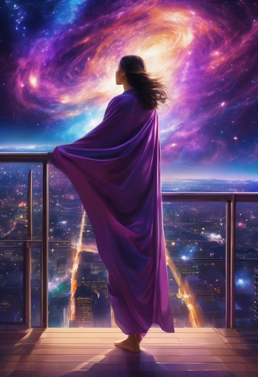 Female figure standing on the roof of a high-rise building, (Roof Focus), Surrounded by a vortex of cosmic energy, dreaming, Hazy landscape, The flowing starlight wraps around the human figure, A flowing robe that blends in with the galaxy, The sky is a tapestry of deep purples and blues, The stars shine, The scenery below is a series of rolling high-rise buildings, The scene was quiet and solemn, A way to capture the majestic essence of the universe, Contemplative figure standing in awe, Ultra HD, masterpiece, precise, anatomically correct, best quality, 8k