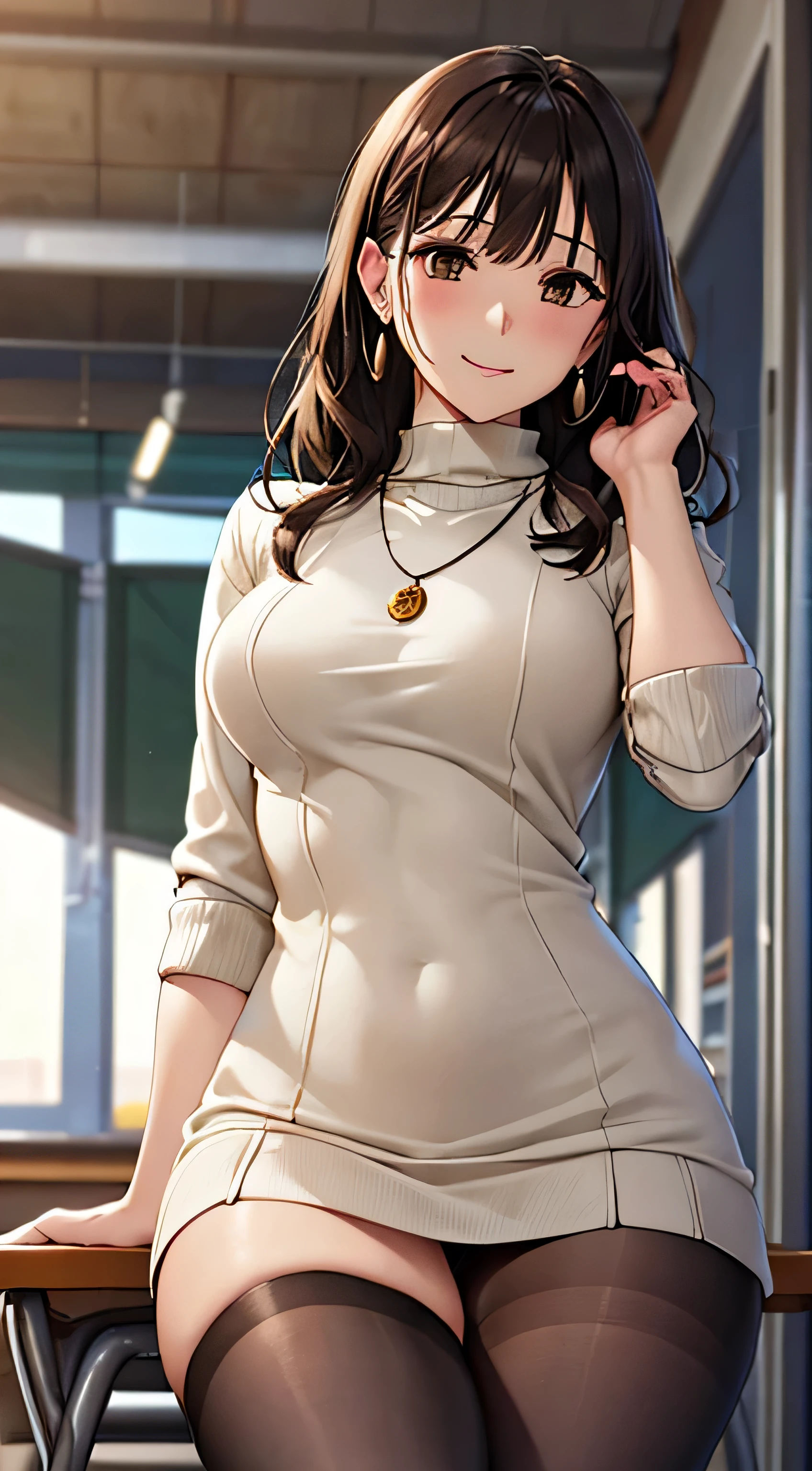 (Tabletop, highest quality, High resolution, , Perfect Pixel, 4K,), 1 girl, single, alone, Beautiful woman、I could see the whole body、 ((Wavy mid-length hair, bangs, brown hair)), ((Brown eyes, Beautiful eyelashes, Realistic eyes)), ((Detailed face, blush:1.2)), ((Smooth texture:0.75, Realistic texture:0.65, Realistic:1.1, Anime CG Style)), Medium chest, Dynamic Angle, Perfect body, ((, female teacher, , Earrings、necklace、White turtleneck sweater、black long flared skirt、Black knee-high stockings、Spread your legs wide、、A shy smile、sit at a desk in the classroom、Touch your breasts with both hands)), Superior、、、evening、、(、、、Angle from below)、