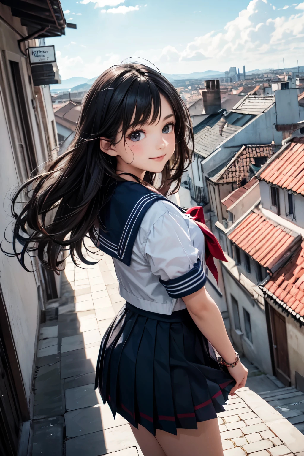 very cute and beautiful girl,teen,(highly detailed beautiful face),
(smile),black hair,(sailor ,pleated navy blue mini skirt),stylish pose,looking at viewer,
many european houses with red roof,(town overview:1.2),
(best quality,masterpiece:1.0),absurdres,highres,ultra-detailed,extremely detailed,32k,8k resolution,
intricate details,cinematic scene,detailed background,solo,dynamic angle,
hair fluttering in the wind,beautiful detailed sky,