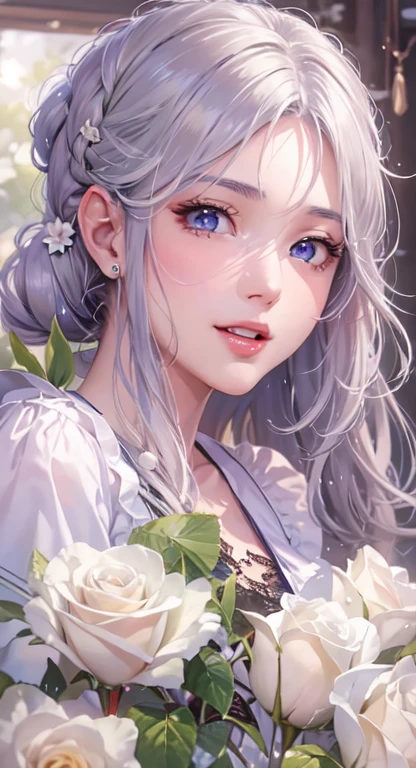 ((highest quality)), ((masterpiece)), (Get used to it), Perfect Face , masterpiece、highest quality、High resolution、High-quality images、8k, 1 female、Skin Radiance、Texture of skin and clothing、Expression of fine eyes、shiny silver hair,Girl with long braided hair, Manga inspired by Lee Jong-suk, Trending on deviantart, realism, detailed manga style, Manga art style, Perfect Line Drawing, Beautiful line art, digital manga art girl, K-POPアイドル, beautiful silver eyes, Lips become thicker, Gorgeous face with attention to detail, (Cute Smile), charm, Innocent, Side view, (Perfectly detailed face), (Beautiful Hands) Photorealistic images, Written boundary depth, 20th Generation ,beautiful girl , White roses , Lace dress , Medium Chest , protruding shoulders , I can see her cleavage , White roses , 背景にはたくさんのWhite rosesがあります ,