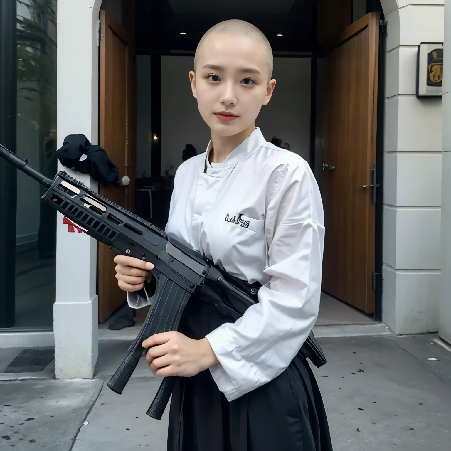 A beautiful nun、very beautiful、Wearing a monk&#39;s robe:1.3、Cowboy Shot、Big Breasts、(Skinhead:1.55)、(Aiming the Groza assault rifle at the viewer:1.67)、Dynamic Pose、Standing at the altar of the chapel、Stained glass、Hymns、