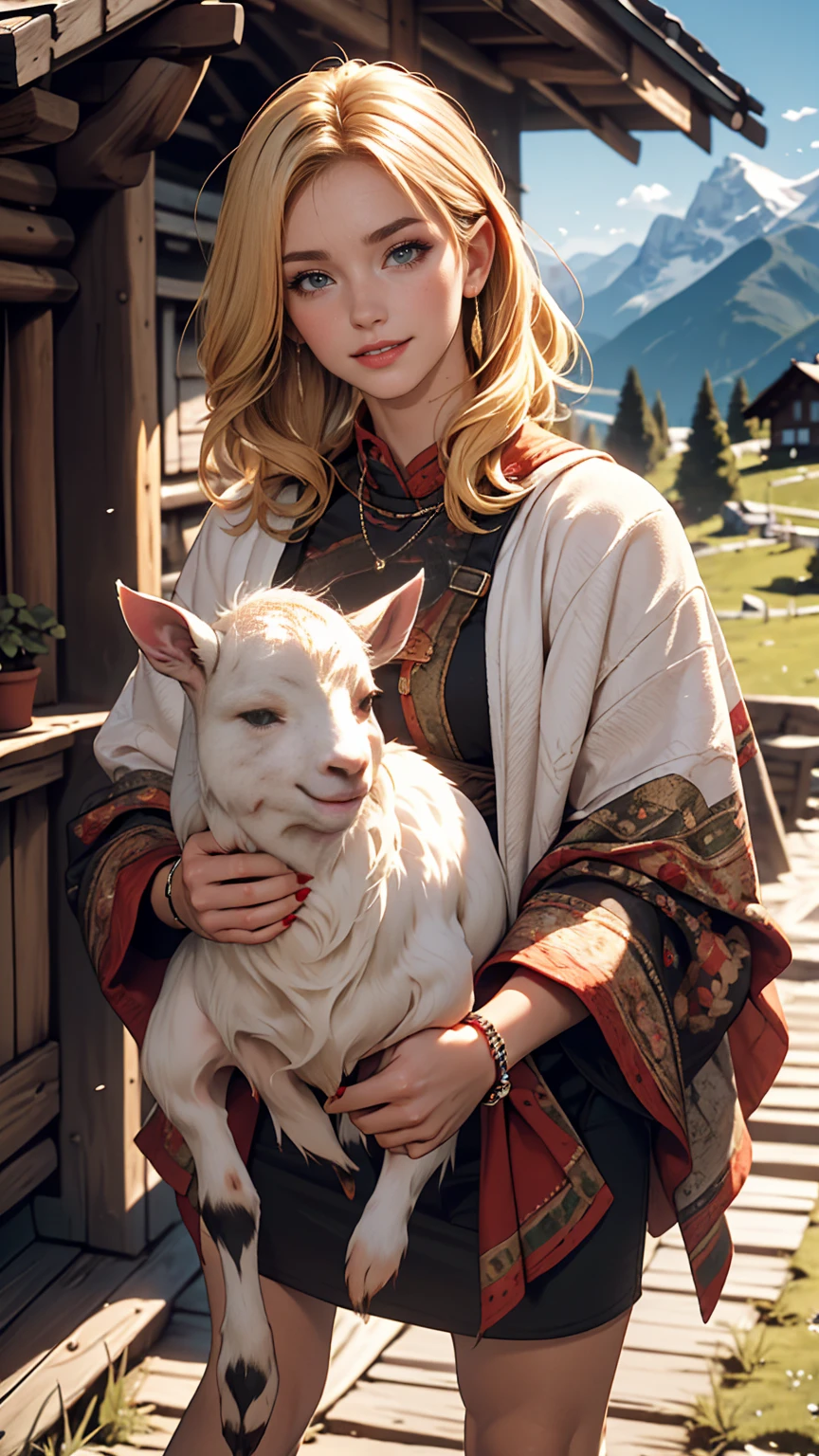((最high quality, 8K, masterpiece: 1.3, Ultra HD, high quality, 最high quality, High resolution, realism)) 、A 22-year-old extremely beautiful white woman、Hair color blonde、blue eyeedium Hair、Straight Hair、smile、Slender but well-proportioned body、Background blur((depth of field))、Aerial perspective((atmospheric perspective))、I want my head to stay off screen、Put an anklet on your ankle、Wearing red nail polish、I have a peticure、Heidi, the girl of the Alps、Grassland in the Alps、I'm in a log house、The Alps can be seen in the distance、Holding a baby goat