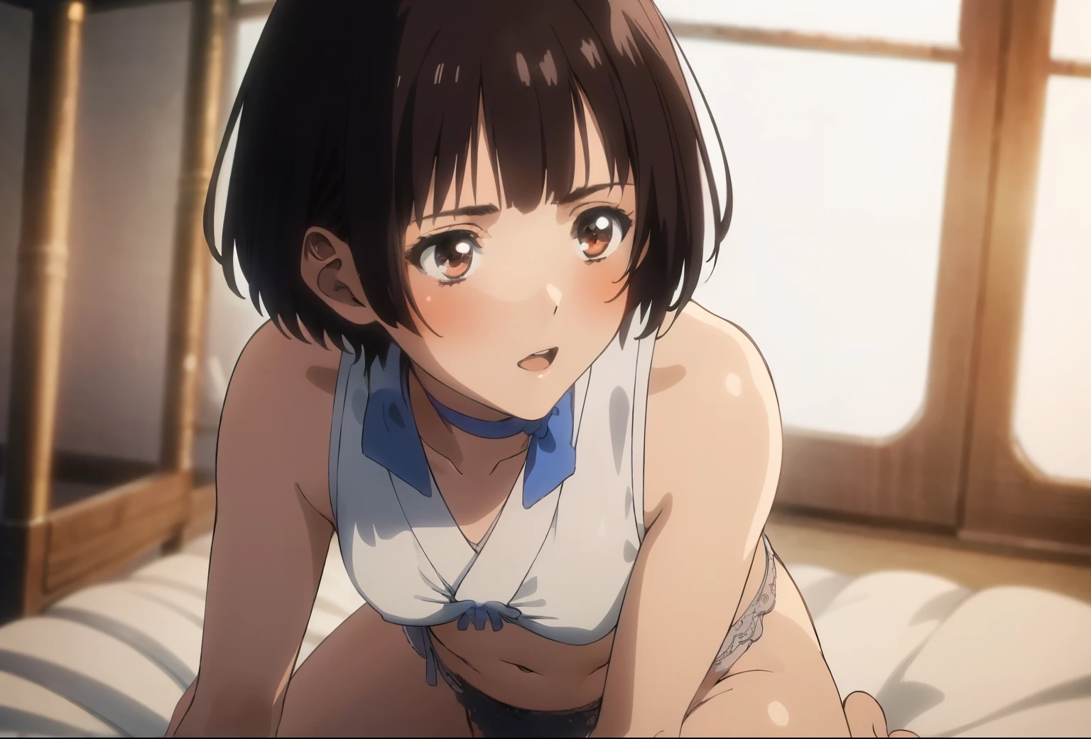 1boy in,Nsfw,(((1girl,1boy,sex,vaginal))),From side,Mumei,bedroom,on the bed,lying,beautiful things ,middle breast,Smile,Japanese Shrines,blue sky:1.2, short Twin tails, blue ribbon, ribbon choker, choker, Black Hair, Red eyes, kimono, (((white lace panties))),bangs, Brown eyes,Open your mouth,beautiful legs,High resolution, (shape:0.8), highly detailed face, perfect lighting, Detailed CG, (perfect hands, perfect anatomy),masterpiece,anime key visual,detailed eye,highest quality,unity 8k wallpaper,super dense skin,white skin,looking at the viewer, slender limbs, delicate curves, dainty hands, tiny feet,figure:0.8