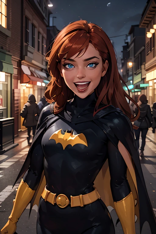 babs, red hair, blue eyes, black bodysuit,cape, looking at viewer, happy, laughing, mouth open, close up shot, 
outside, apartment roof, cityscape, night, moon, extreme detail, hdr, beautiful quality,   