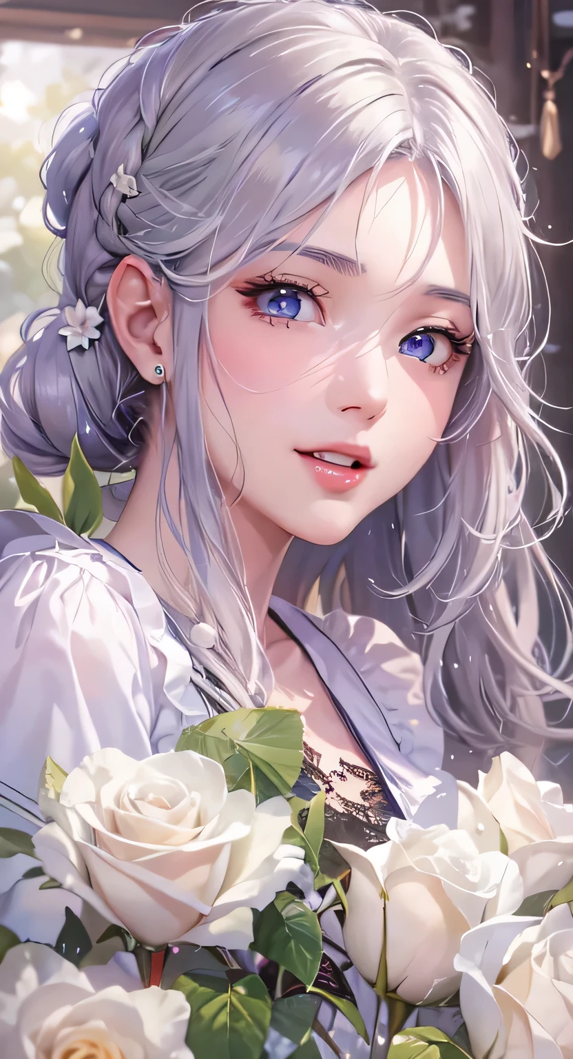 ((highest quality)), ((masterpiece)), (Get used to it), Perfect Face , masterpiece、highest quality、High resolution、High-quality images、8k, 1 female、Skin Radiance、Texture of skin and clothing、Expression of fine eyes、shiny silver hair,Girl with long braided hair, Manga inspired by Lee Jong-suk, Trending on deviantart, realism, detailed manga style, Manga art style, Perfect Line Drawing, Beautiful line art, digital manga art girl, K-POPアイドル, beautiful silver eyes, Lips become thicker, Gorgeous face with attention to detail, (Cute Smile), charm, Innocent, Side view, (Perfectly detailed face), (Beautiful Hands) Photorealistic images, Written boundary depth, 20th Generation ,beautiful girl , White roses , Lace dress , Medium Chest , protruding shoulders , I can see her cleavage , White roses , There are lots of white roses in the background. ,