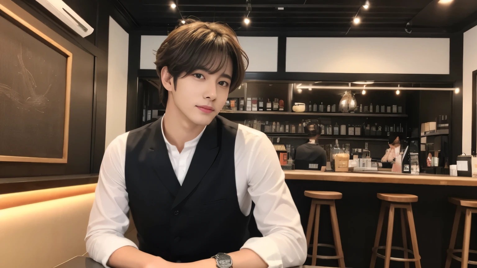 musician、Refreshingly handsome man in his 40s、（Super cool S-class boys）、Japan male, 20 years old、、Inside a stylish cafeで撮影、a handsome guy、（CG Unity 8K high resolution photo）、（Very detailedＳクラスのa handsome guy性）、（Photorealistic）、（highest quality））、Very detailed、super high quality、expensive、Audience、kind person、Very beautiful hair　Perm Hair、Bright photo、Handsome like a model、Handsome like an idol、looking at the camera、Inside a stylish cafe、