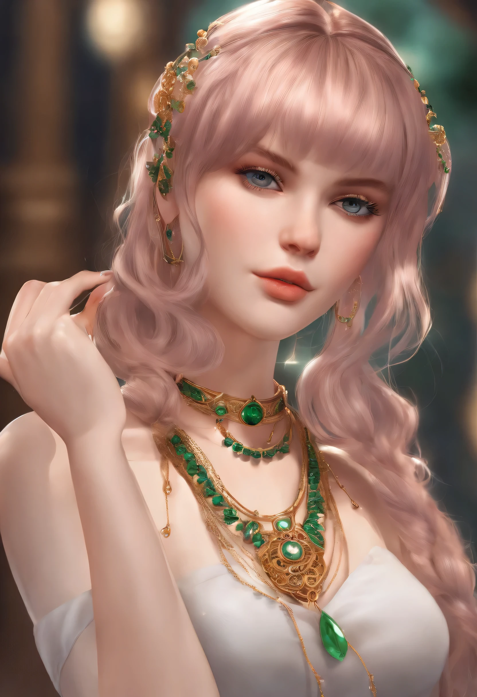 (Masterpiece, Best quality), 1fille, beau visage,   brandir_Mew, cheveux verts, bangs blunt bangs, tatouage, garniture en fourrure, collier, chain, cartoon