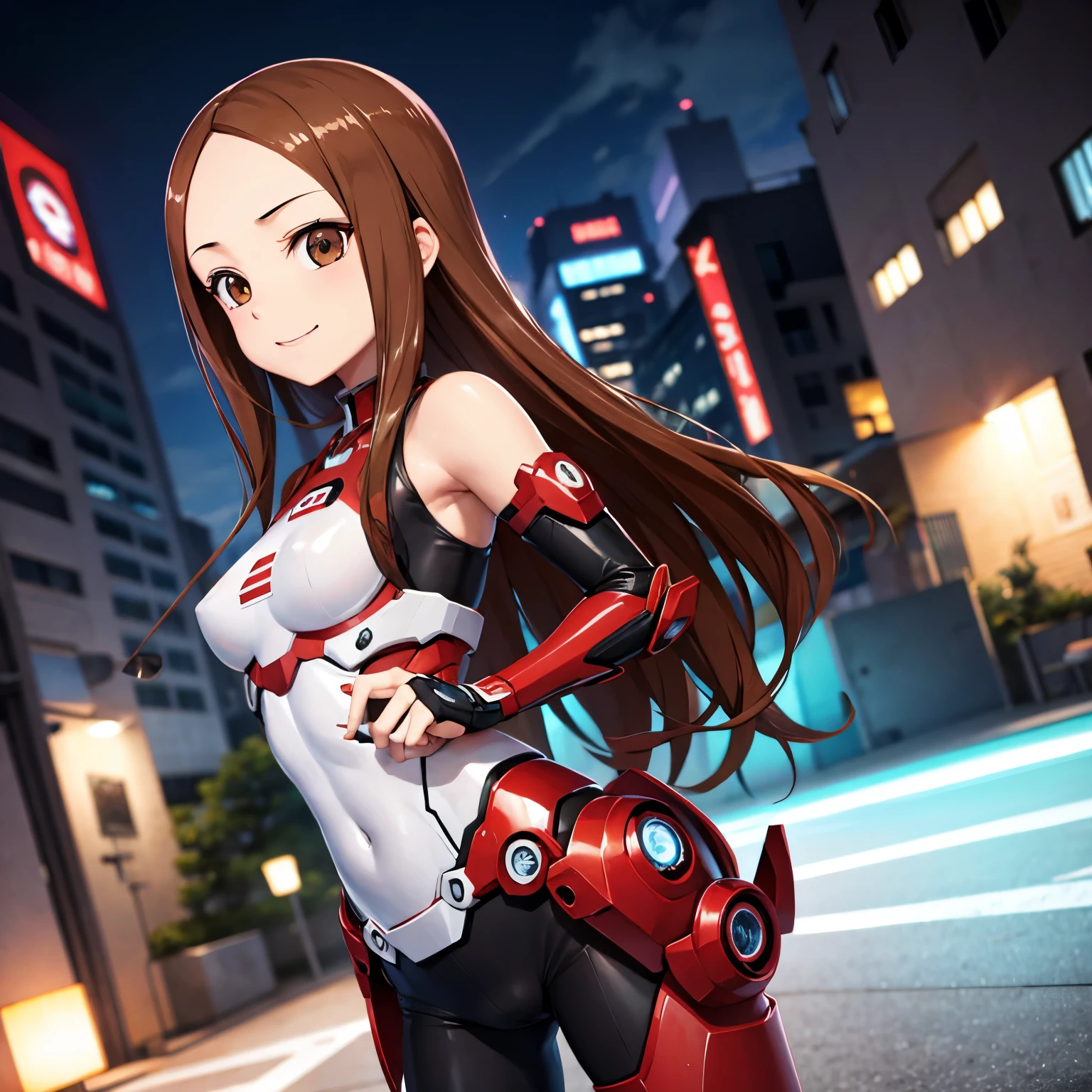 Takagi girl ,  body,  long hair smug smile provocação, ironman armour,  city night,  hero stily . 