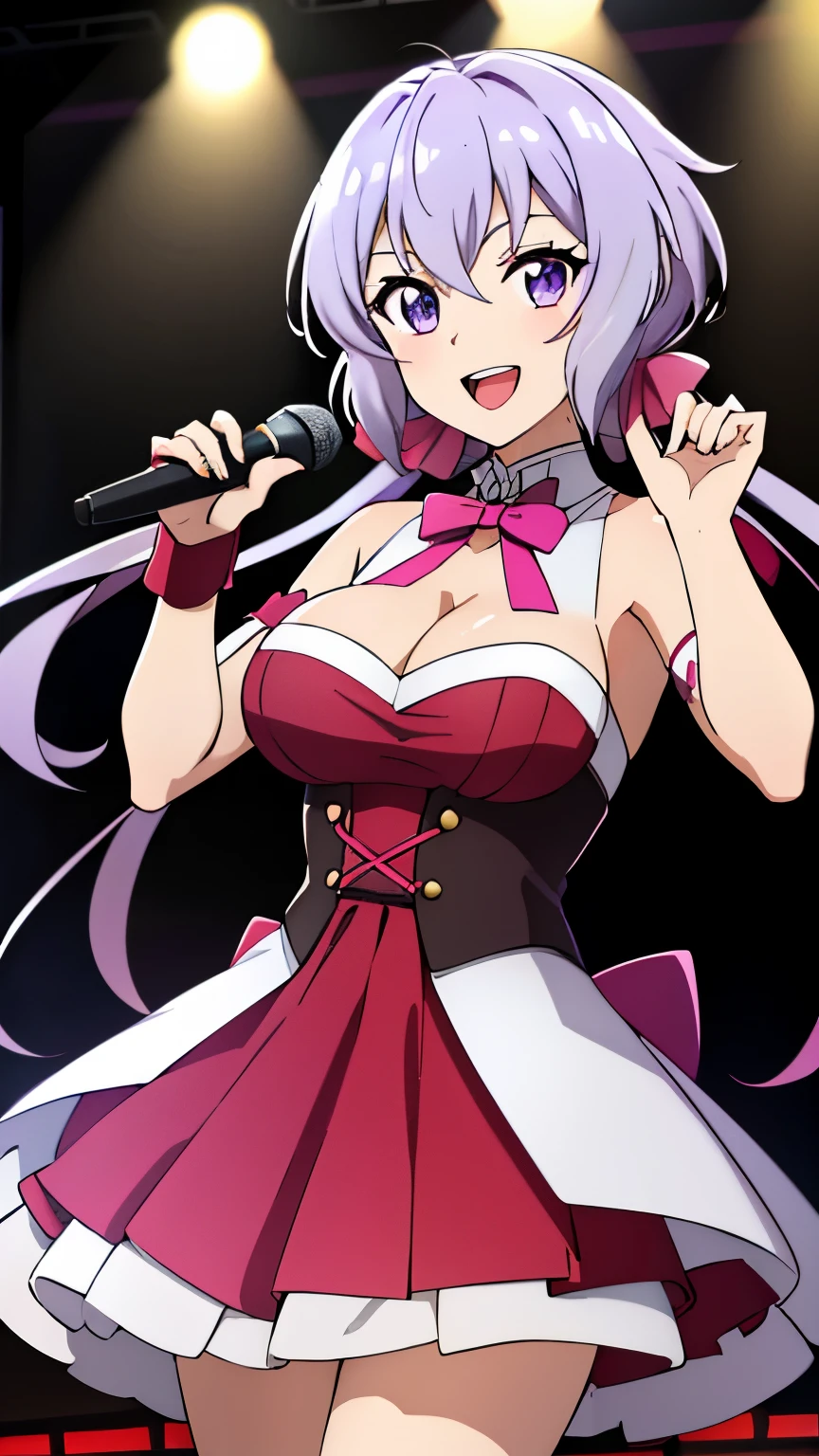 (best quality, 8K, high resolution, masterpiece:1.2), anime art style, yukine chris, 1 girl, perfect face, perfect eyes, large medium breasts, silver hair, low twin tails, pink hair ribbon purple eyes, thin twin tails, long hair, soft expression, alone, (idol costume, blue idol dress, idol stage, microphone, smile, singing, open your mouth, cowboy shot), cowboy shot,  viewer appreciation