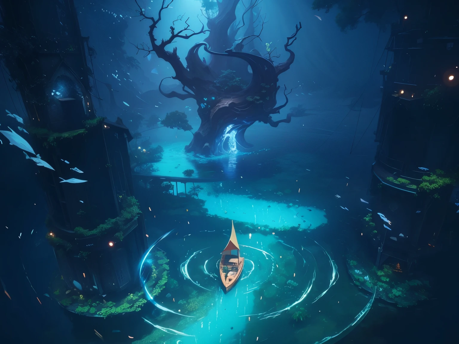 A small boat floating in the lake，There is a strange-shaped tree ahead.