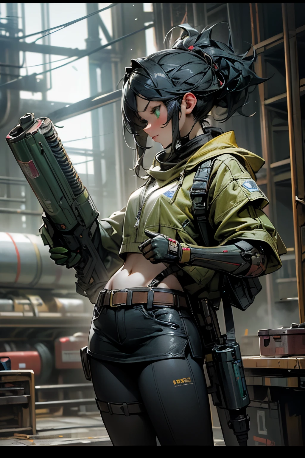 Unreal Engine:1.4,CG K Hyperrealism, Reality:1.4, Texture:1.4, Artwork 1girl, Gatling gun, shell, Looking at the audience, Dynamic poses, hit, Ammunition belt, Gloves, breast, shooting, Extremely detailed :1.4, More detail, Optical Hybrid, Playful patterns, animated textures, Unique visual effects, or Cyberpunk, Red pantyhose, Leather miniskirt, masterpiece, ((color, blue, Green vegetables,