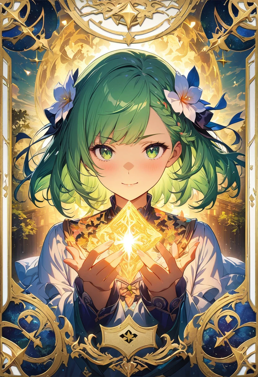 (masterpiece, highest quality, highest quality, Official Art, beautifully、aesthetic:1.2), (1 girl:1.3), (Fractal Art:1.3), card, Tarot, Green Hair, Twin Blade, Hair Flowers, (Good lighting:1.1), ((High resolution)), Tarot card style