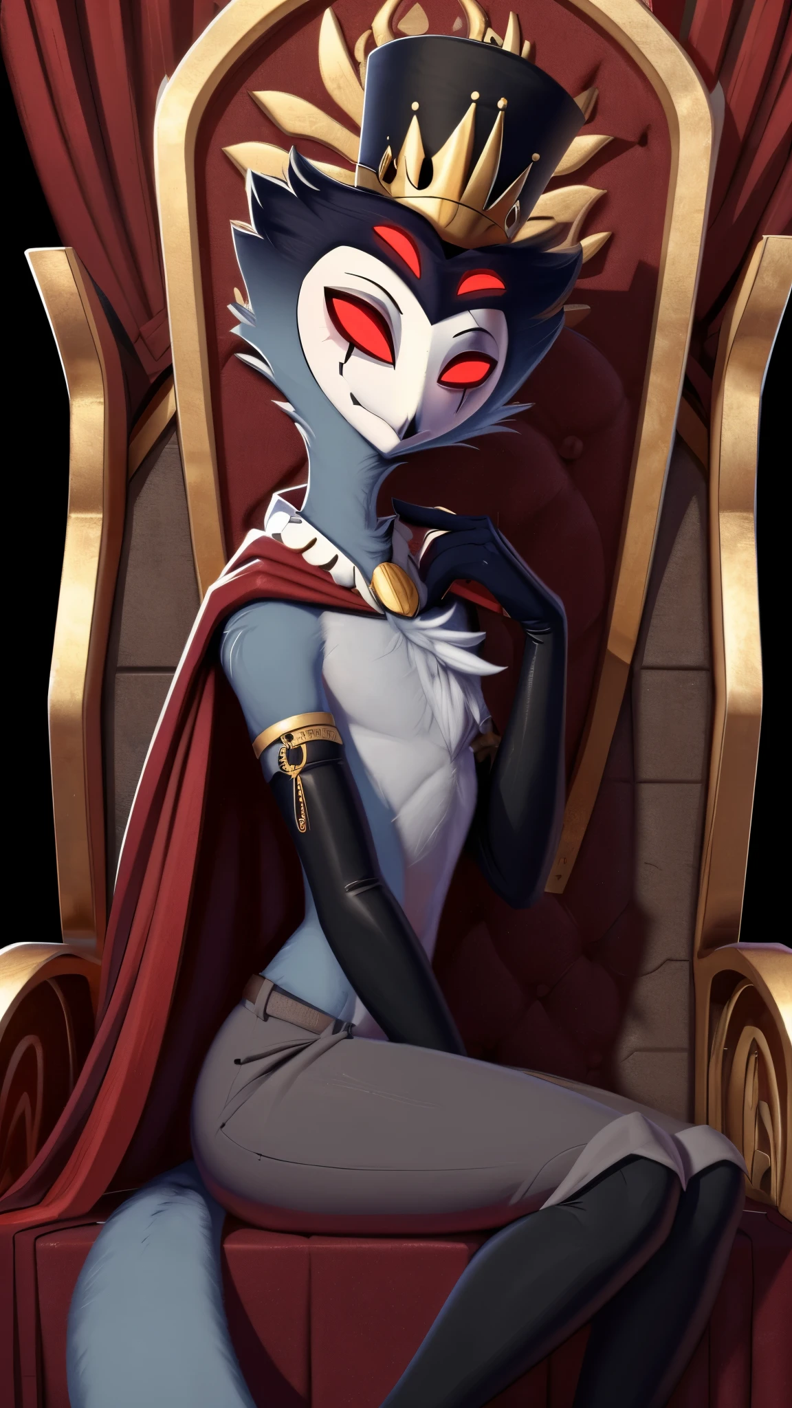 (furry art, upload on e621), ((stolas)), (anthro, furry), closed mouth, sfw, (red tunic, crown, grey pants, black gloves, elbow gloves, white fur collar, (top hat), cape), hat, (throne background), sitting on throne, short hair, black hair, white face, four eyes, girly, (skinny), closed mouth, smirk, red eyes, 1boy, black legs, solo, extra eyes, (tall), (sitting),  by braeburned, by zackary911, by r-mk, 