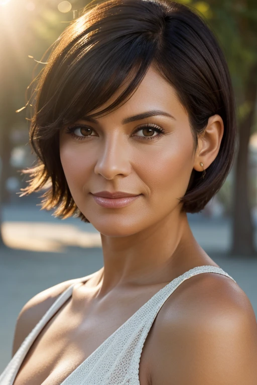 Photorealistic image of a 50-year-old woman, characteristic age, with a fashionable short haircut, luxurious dark hair and captivating brown eyes, starring in a photo shoot for a Parisian brand. Her facial expression should be natural and inviting, softly lit, warm light of the golden hour. Shooting location scenic outdoor scenery, For example, sun-drenched park or beach. Take a high resolution photo, using an 85mm lens, to get an attractive angle.