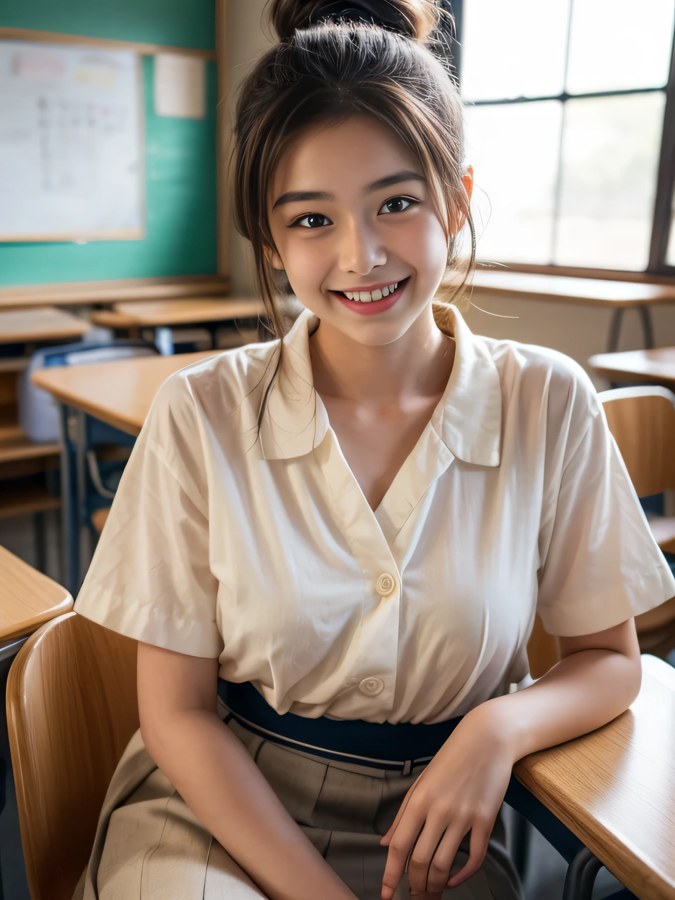 12 years old child, hair up, super big hair up, full Japanese student school uniform, (smile:1.2), background classroom, (photorealistic:1.2), (ultra realistic:1.3), (very detailed:1.1), ((masterpiece)), big round breast, with girl classmates, laughing