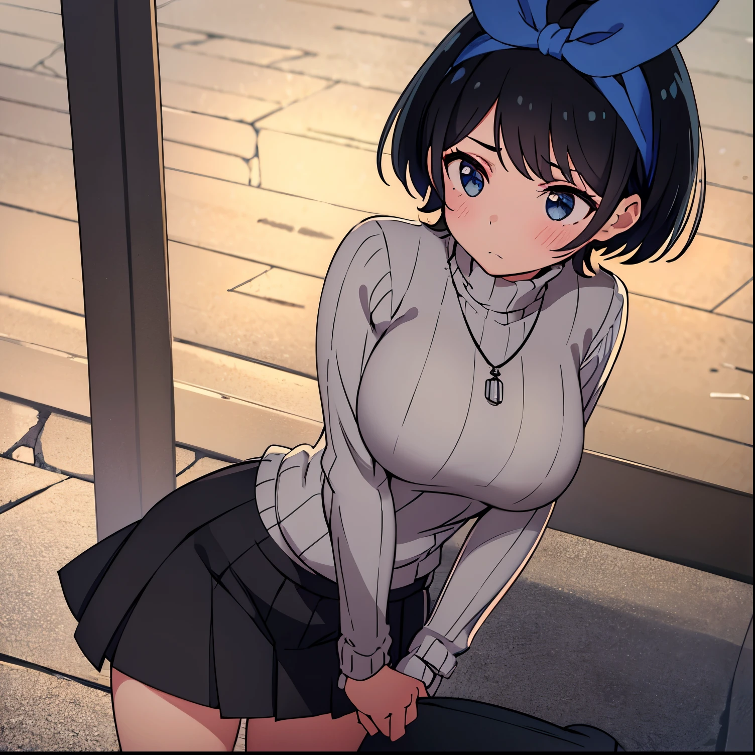 1girl, alone,Ruka sarashina,masterpiece, best quality, highres, 1girl, solo, jewelry, skirt, sweater, necklace, black skirt, black hair, short hair, ribbed sweater, socks, turtleneck sweater, turtleneck, white socks, blue eyes, long sleeves, pleated skirt, ribbon, breasts, bow, hair ribbon, hair ribbon, hair bow, bangs, big breasts, perfect hands, perfect anatomy 