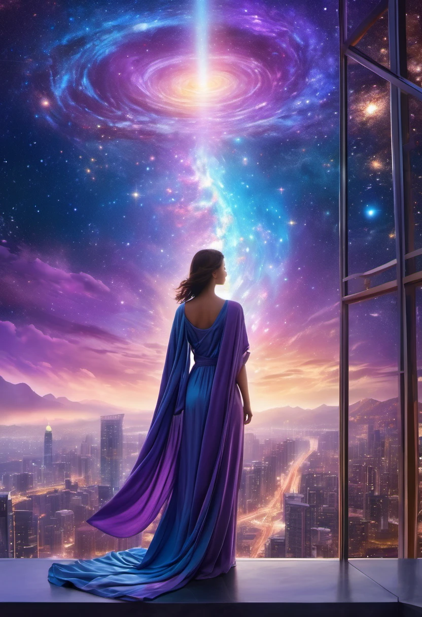 Female figure standing on the roof of a high-rise building, (Roof Focus), Surrounded by a vortex of cosmic energy, dreaming, Hazy landscape, The flowing starlight wraps around the human figure, A flowing robe that blends in with the galaxy, The sky is a tapestry of deep purples and blues, The stars shine, The scenery below is a series of rolling high-rise buildings, The scene was quiet and solemn, A way to capture the majestic essence of the universe, Contemplative figure standing in awe, Ultra HD, masterpiece, precise, anatomically correct, best quality, 8k