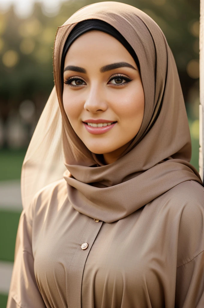 Beautiful woman, mid thirties, wearing brown large wide hijab covering her ?????, and brown large wide abaya robe covering her body. Very beautiful face. Sharp oval face. Sharp arched eyebrows, lush eyelashes, beautifully detailed sharp eyes, sharp pointed nose, perfect thin lips, smiling nicely. Elegant style. Beauty pageant winner, Polite style. Muslimah. Pious woman. Flower park in the background. 16K. Ultra HD. Super high resolution photo. Intricate details. Ultrarealistic photo. Half-body photo. Daylight. Bright lights. Photo session in a flower park. 
