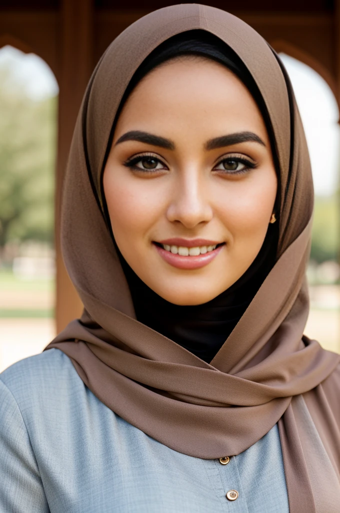 Beautiful woman, mid thirties, wearing brown large wide hijab covering her chest, and brown large wide abaya robe covering her body. Very beautiful face. Sharp oval face. Sharp arched eyebrows, lush eyelashes, beautifully detailed sharp eyes, sharp pointed nose, perfect thin lips, smiling nicely. Elegant style. Beauty pageant winner, Polite style. Muslimah. Pious woman. Flower park in the background. 16K. Ultra HD. Super high resolution photo. Intricate details. Ultrarealistic photo. Half-body photo. Daylight. Bright lights. Photo session in a flower park.