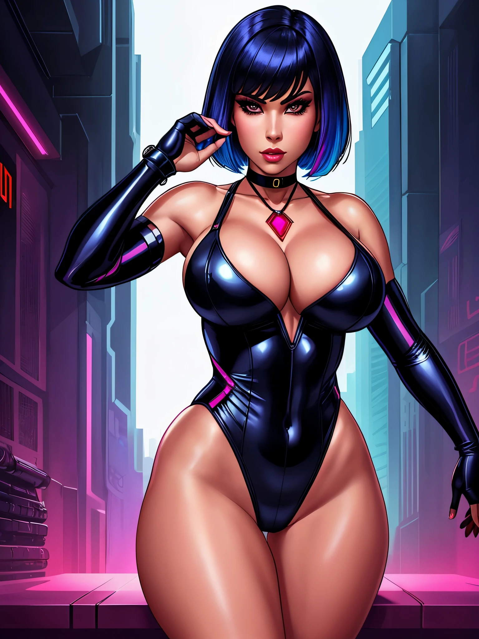 (a gorgeous woman with a bobcut hair wearing a tight-fitting leotard that accentuates her curves and cleavage is depicted in a full body shot. She exudes a sexy and fierce vibe, embodying the characteristics of an assassin. Her outfit reflects a cyberpunk aesthetic, with the leotard adorned with ruby gems and a choker around her neck. The image captures the bionic enhancements on her body, showcasing her strength and power. The lighting is dim, casting dramatic shadows and emphasizing her intense gaze. The artwork is created in a high-resolution format, combining photorealistic details with vibrant colors. The overall composition and execution aim to create a visually striking masterpiece.)