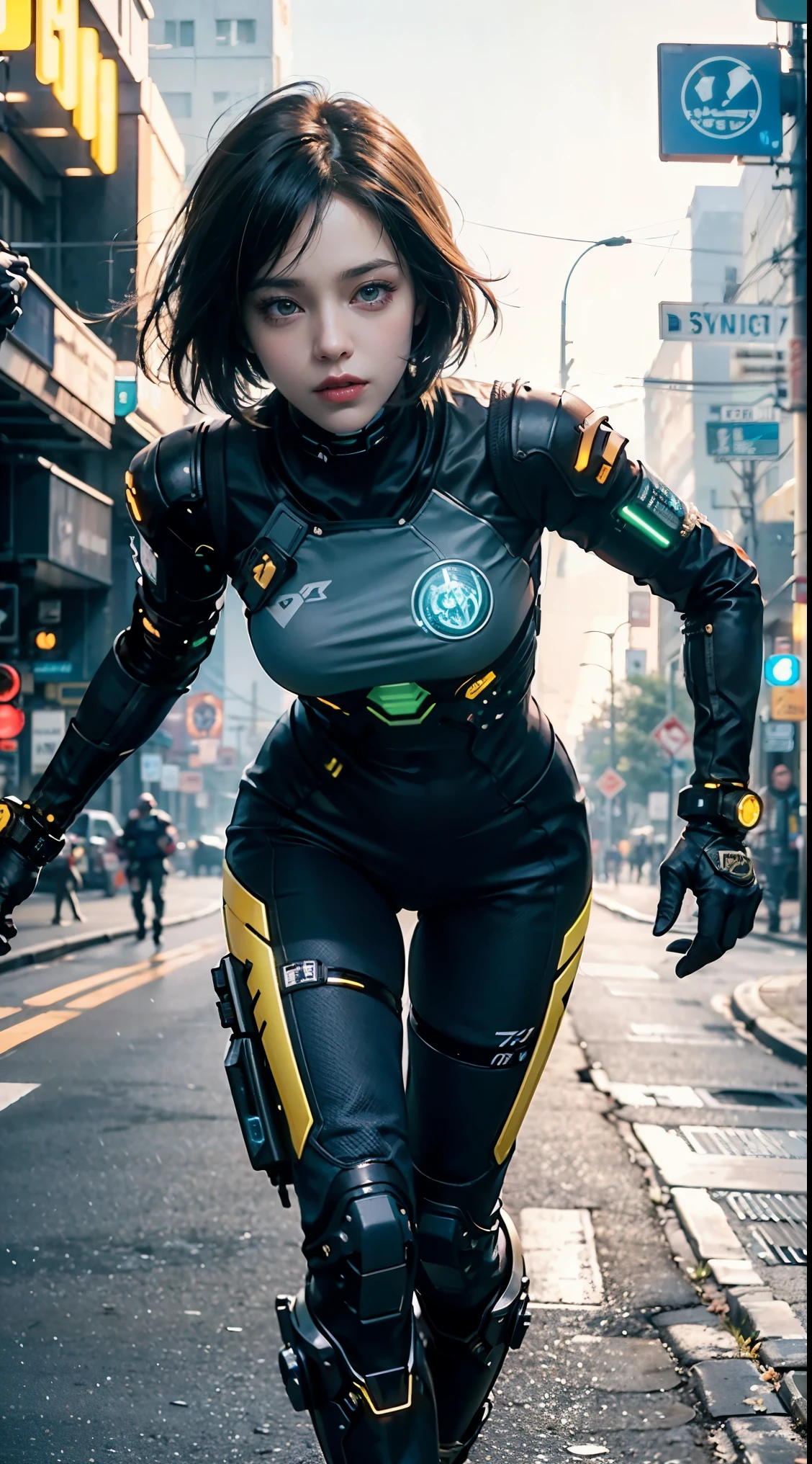 (yellow cyber punk speed tactical suit:1) (1 Female) Dark Theme :: Focus on close-up face, serious face, Civetik visor, :: Medium Black Hair, Thick thighs :: ultra realistic futuristic speedster scifi cyber punk athletic woman, Iris, ((Run down the middle of the road while emitting yellow rays, cyber punk, Shadowrun, scifi high tech cyber punk)) :: cool cyber punk yellow speed combat suit :: Natural light :: Bokeh :: 8k ::  highest quality :: masterpiece :: Very detailed:1.5