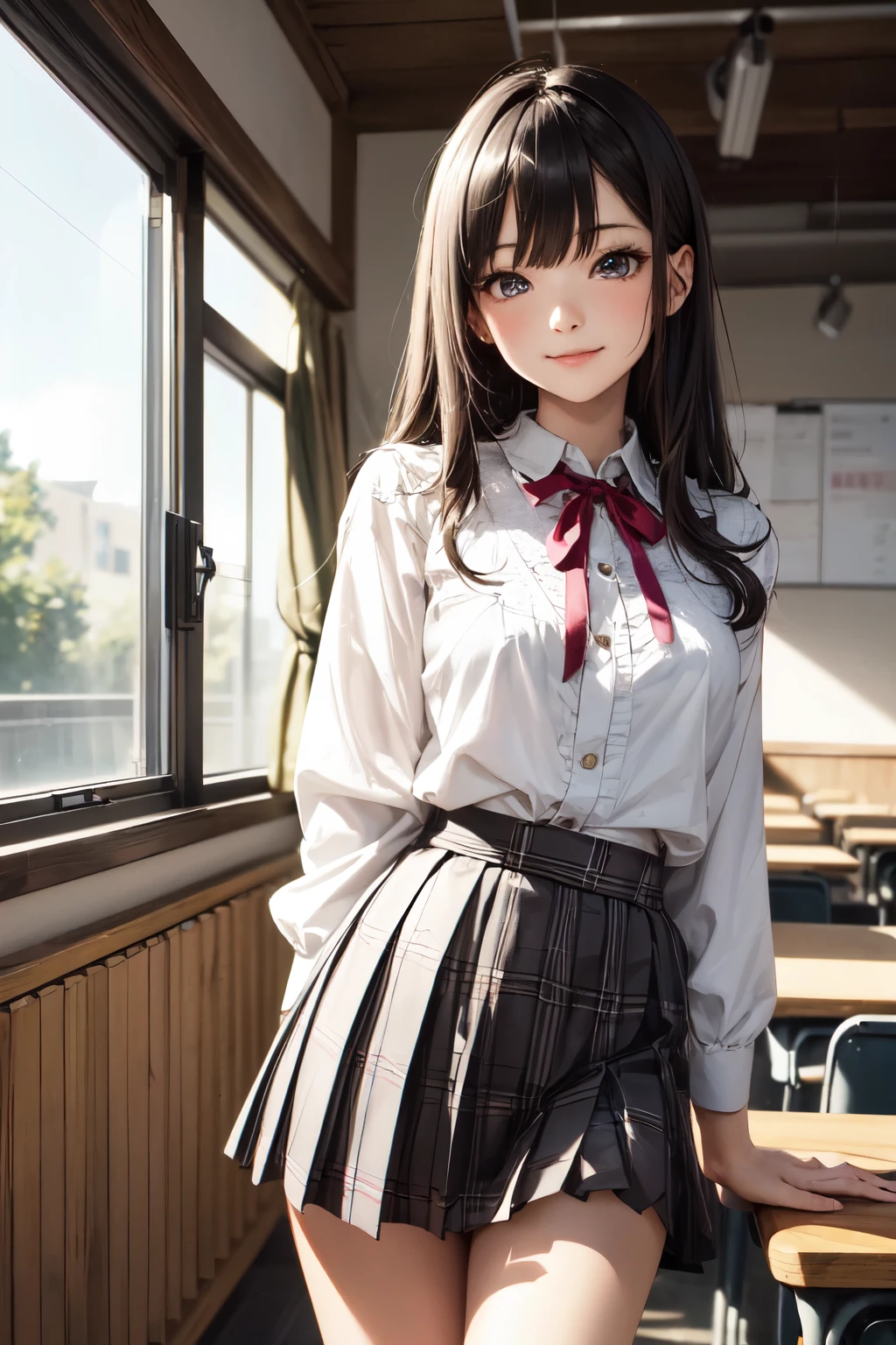 very cute and beautiful girl,(highly detailed beautiful face),white blouse,ribbon,(pleated plaid mini skirt),
standing,(skirt lift,white panties),(smile),blush,looking at viewer,black hair,wooden classroom,
(best quality,masterpiece:1.0),absurdres,highres,ultra-detailed,extremely detailed,32k,8k resolution,
intricate details,cinematic scene,detailed background,solo,dynamic angle,
