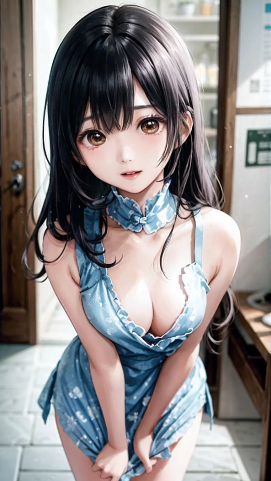A calm atmosphere、A beautiful girl with a super cute face、Highest quality high definition images with emphasis on big breasts、(Small face)、Her big breasts are almost completely visible due to her leaning forward posture.、Cute light blue sleeveless dress、No makeup、Sexy lips that reveal sexual desire、