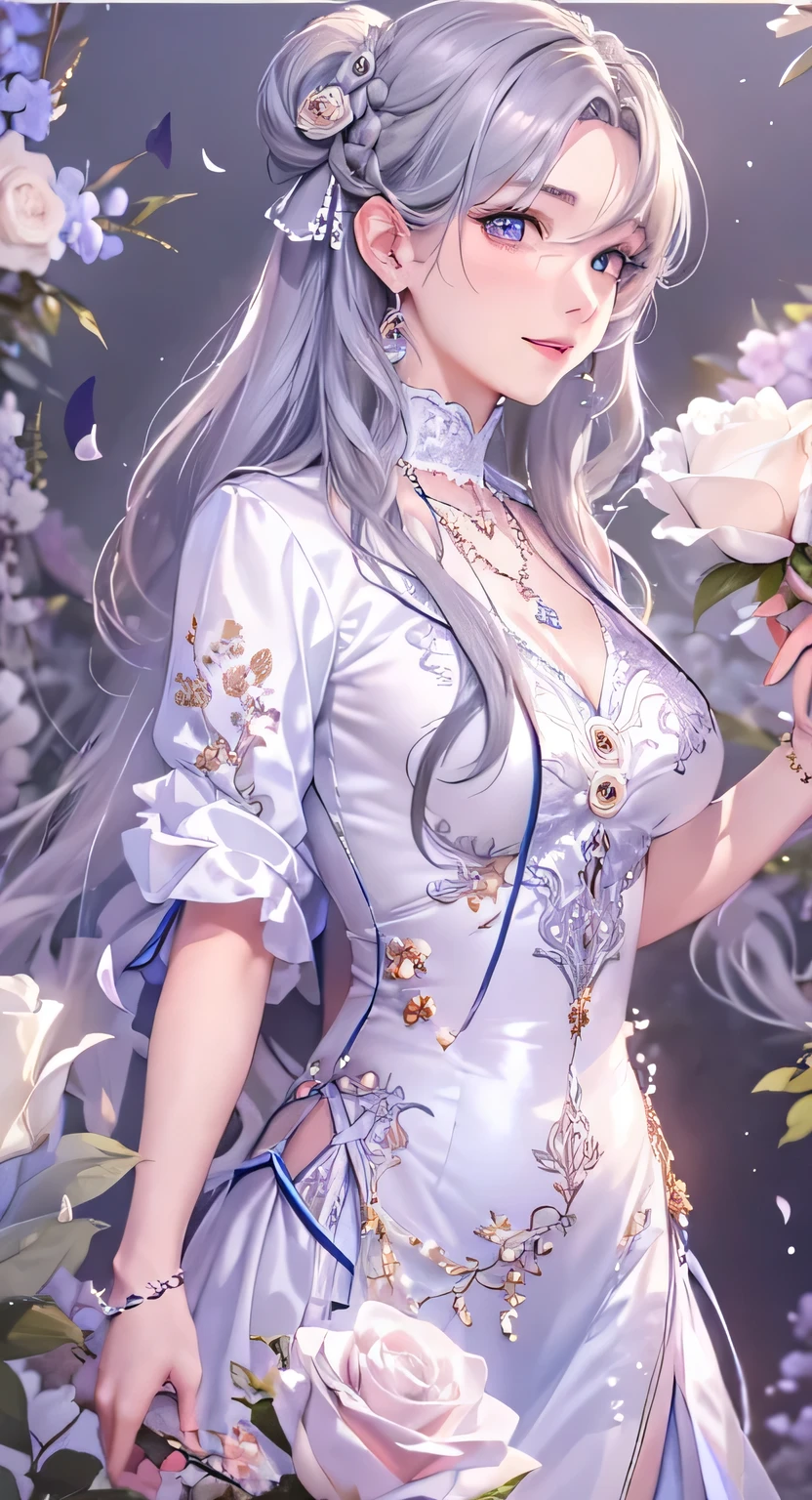 ((highest quality)), ((masterpiece)), (Get used to it), Perfect Face , masterpiece、highest quality、High resolution、High-quality images、8k, 1 female、Skin Radiance、Texture of skin and clothing、Expression of fine eyes、shiny silver hair,Girl with long braided hair, Manga inspired by Lee Jong-suk, Trending on deviantart, realism, detailed manga style, Manga art style, Perfect Line Drawing, Beautiful line art, digital manga art girl, K-POPアイドル, beautiful silver eyes, Lips become thicker, Gorgeous face with attention to detail, (Cute Smile), charm, Innocent, Side view, (Perfectly detailed face), (Beautiful Hands) Photorealistic images, Written boundary depth, 20th Generation ,beautiful girl , White roses , Lace dress , Medium Chest , protruding shoulders , I can see her cleavage , White roses , There are lots of white roses in the background. ,