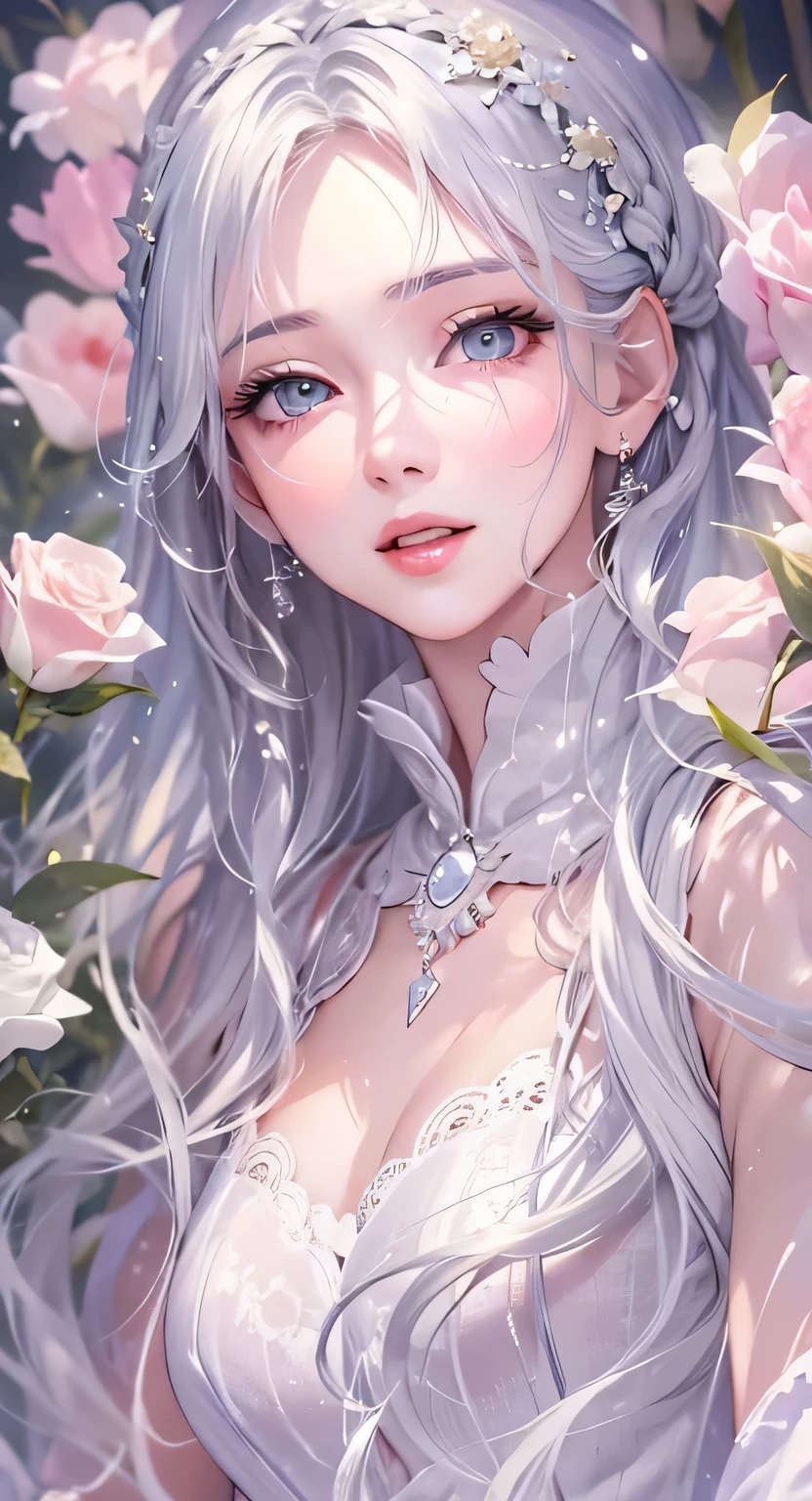 ((highest quality)), ((masterpiece)), (Get used to it), Perfect Face , masterpiece、highest quality、High resolution、High-quality images、8k, 1 female、Skin Radiance、Texture of skin and clothing、Expression of fine eyes、shiny silver hair,Girl with long braided hair, Manga inspired by Lee Jong-suk, Trending on deviantart, realism, detailed manga style, Manga art style, Perfect Line Drawing, Beautiful line art, digital manga art girl, K-POPアイドル, beautiful silver eyes, Lips become thicker, Gorgeous face with attention to detail, (Cute Smile), charm, Innocent, Side view, (Perfectly detailed face), (Beautiful Hands) Photorealistic images, Written boundary depth, 20th Generation ,beautiful girl , White roses , Lace dress , Medium Chest , protruding shoulders , I can see her cleavage , White roses , There are lots of white roses in the background. ,