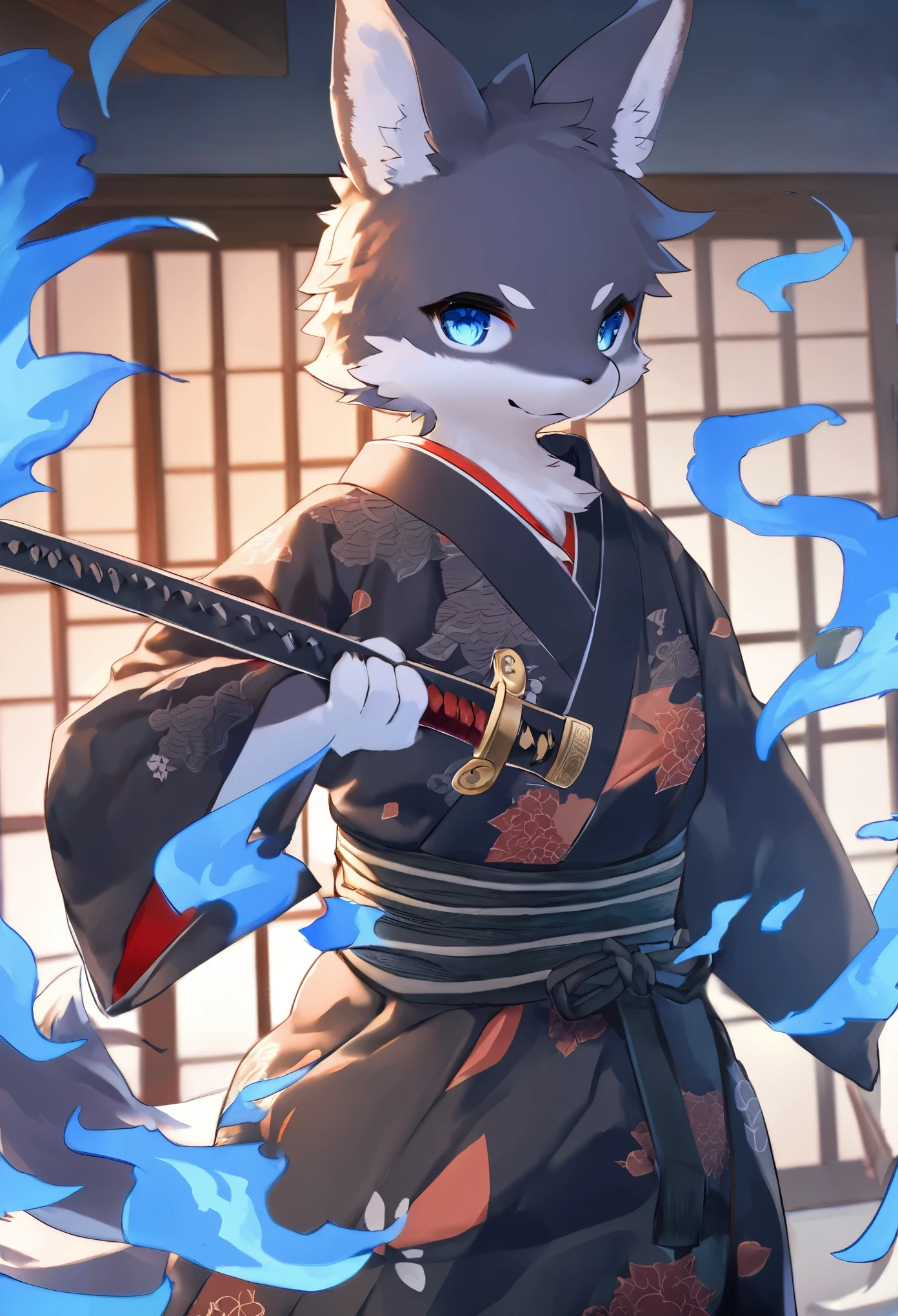 cover page, highres, top quality, best quality, paid reward available, unparalleled masterpiece, perfect artwork, absurdres, High-quality illustrations, super high resolution, detailed background, shuimobysim, perfect anatomy (furry, anthro, kemono, solo focus, Japanese kimono, ninja, samurai, sword with blue flames, battle duels),