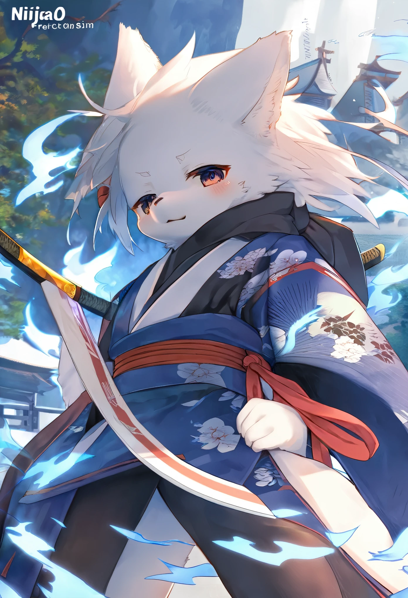 cover page, highres, top quality, best quality, paid reward available, unparalleled masterpiece, perfect artwork, absurdres, High-quality illustrations, super high resolution, detailed background, shuimobysim, perfect anatomy (furry, anthro, kemono, solo focus, Japanese kimono, ninja, samurai, sword with blue flames, battle duels),