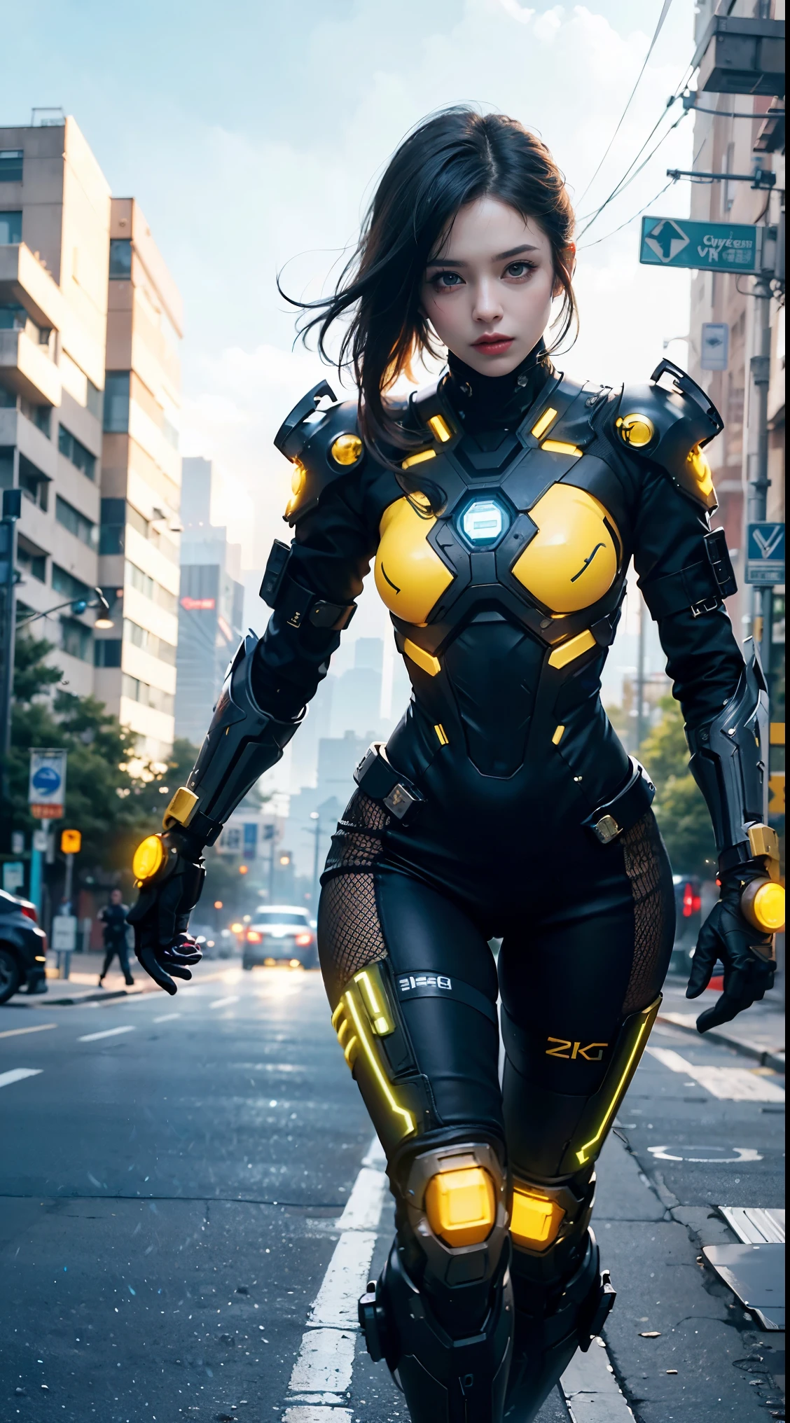 (yellow cyber punk speed tactical suit:1) (1 Female) Dark Theme :: Focus on close-up face, serious face, Civetik visor, :: Medium Black Hair, Thick thighs :: ultra realistic futuristic speedster scifi cyber punk athletic woman, Iris, ((Run down the middle of the road while emitting yellow rays, cyber punk, Shadowrun, scifi high tech cyber punk)) :: cool cyber punk yellow speed combat suit :: Natural light :: Bokeh :: 8k ::  highest quality :: masterpiece :: Very detailed:1.5