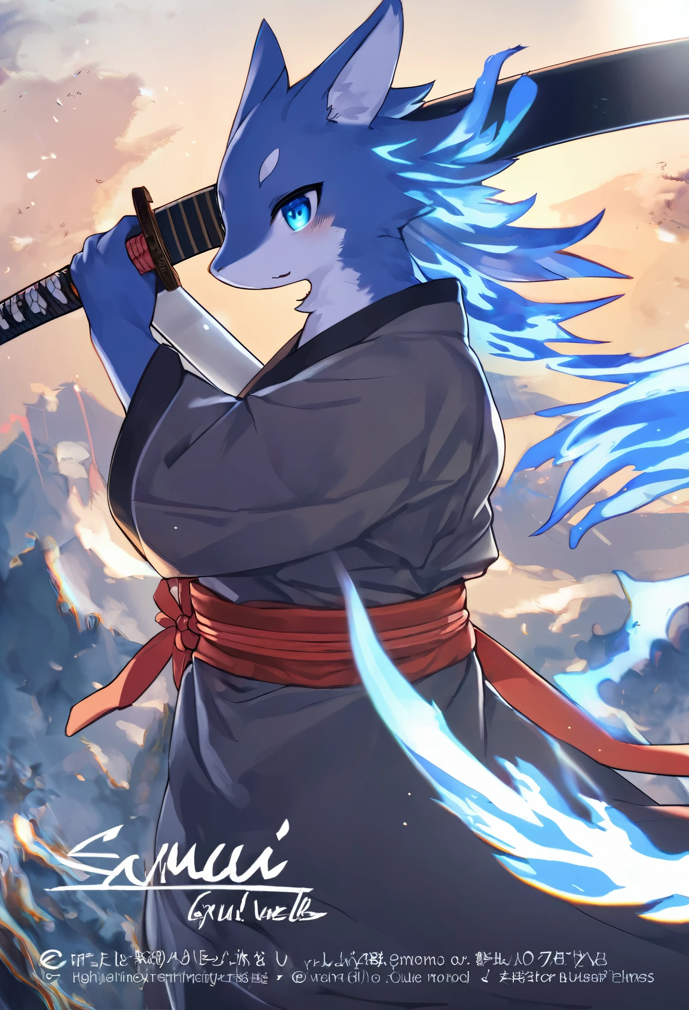 cover page, highres, top quality, best quality, paid reward available, unparalleled masterpiece, perfect artwork, absurdres, High-quality illustrations, super high resolution, detailed background, shuimobysim, perfect anatomy (furry, anthro, kemono, solo focus, Japanese kimono, ninja, samurai, sword with blue flames, battle duels),