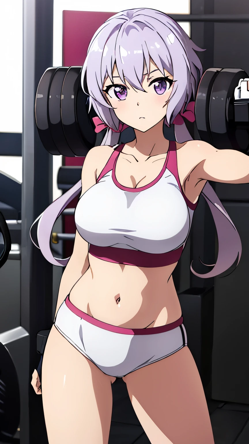 (best quality, 8K, high resolution, masterpiece:1.2), anime art style, yukine chris, 1 girl, perfect face, perfect eyes, large medium breasts, silver hair, low twin tails, pink hair ribbon purple eyes, thin twin tails, long hair, soft expression, alone, (workout wear, belly button, fitness, gym, stylish pose, stylish angle, cowboy shot), viewer appreciation