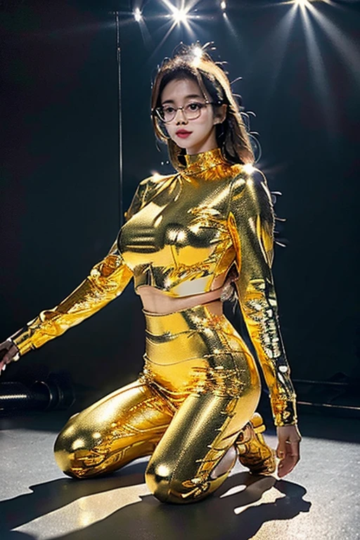 5 8K UHD、A mechanical beauty in a gold metallic body wearing glasses is kneeling、A silver metal robot with shiny skin