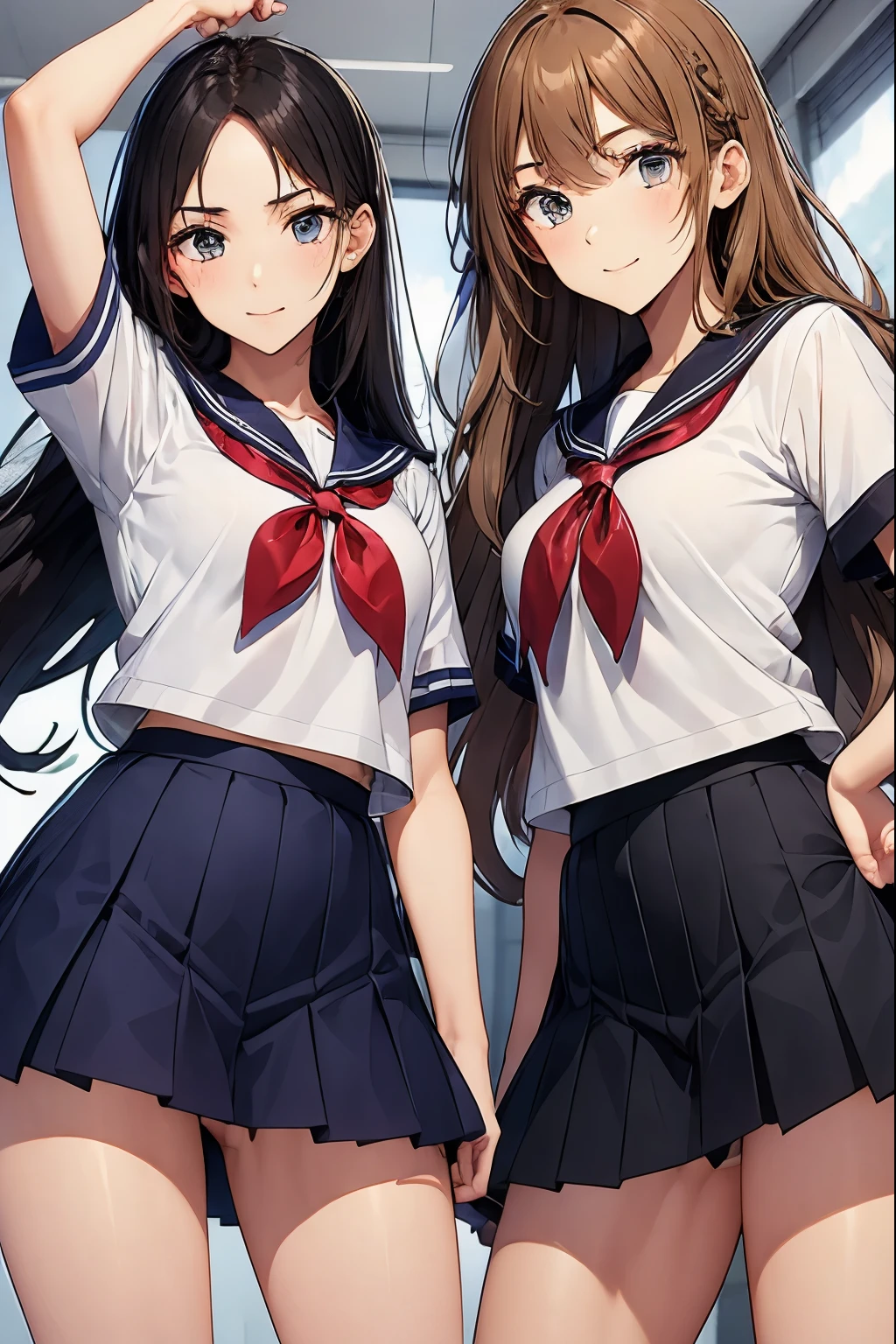 Two high school girls lifting their skirts in the classroom、nsfw、cameltoe、seductive smile、
