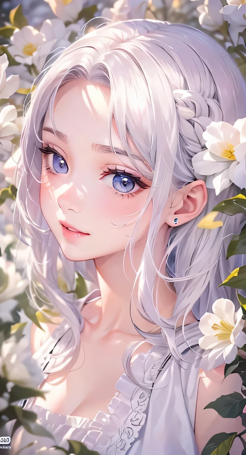 ((highest quality)), ((masterpiece)), (Get used to it), Perfect Face , masterpiece、highest quality、High resolution、High-quality images、8k, 1 female、Skin Radiance、Texture of skin and clothing、Expression of fine eyes、Shiny white hair,Girl with long braided hair, Manga inspired by Lee Jong-suk, Trending on deviantart, realism, detailed manga style, Manga art style, Perfect Line Drawing, Beautiful line art, digital manga art girl, K-POPアイドル, Beautiful white eyes, Lips become thicker, Gorgeous face with attention to detail, (Cute Smile), charm, Innocent, Side view, (Perfectly detailed face), (Beautiful Hands) Photorealistic images, Written boundary depth, 20th Generation ,beautiful girl , White roses , Lace dress , Medium Chest , protruding shoulders , I can see her cleavage , White roses , There are lots of white roses in the background. ,