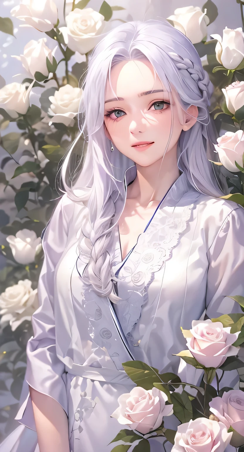 ((highest quality)), ((masterpiece)), (Get used to it), Perfect Face , masterpiece、highest quality、High resolution、High-quality images、8k, 1 female、Skin Radiance、Texture of skin and clothing、Expression of fine eyes、Shiny white hair,Girl with long braided hair, Manga inspired by Lee Jong-suk, Trending on deviantart, realism, detailed manga style, Manga art style, Perfect Line Drawing, Beautiful line art, digital manga art girl, K-POPアイドル, Beautiful white eyes, Lips become thicker, Gorgeous face with attention to detail, (Cute Smile), charm, Innocent, Side view, (Perfectly detailed face), (Beautiful Hands) Photorealistic images, Written boundary depth, 20th Generation ,beautiful girl , White roses , Lace dress , Medium Chest , protruding shoulders , I can see her cleavage , White roses , There are lots of white roses in the background. ,