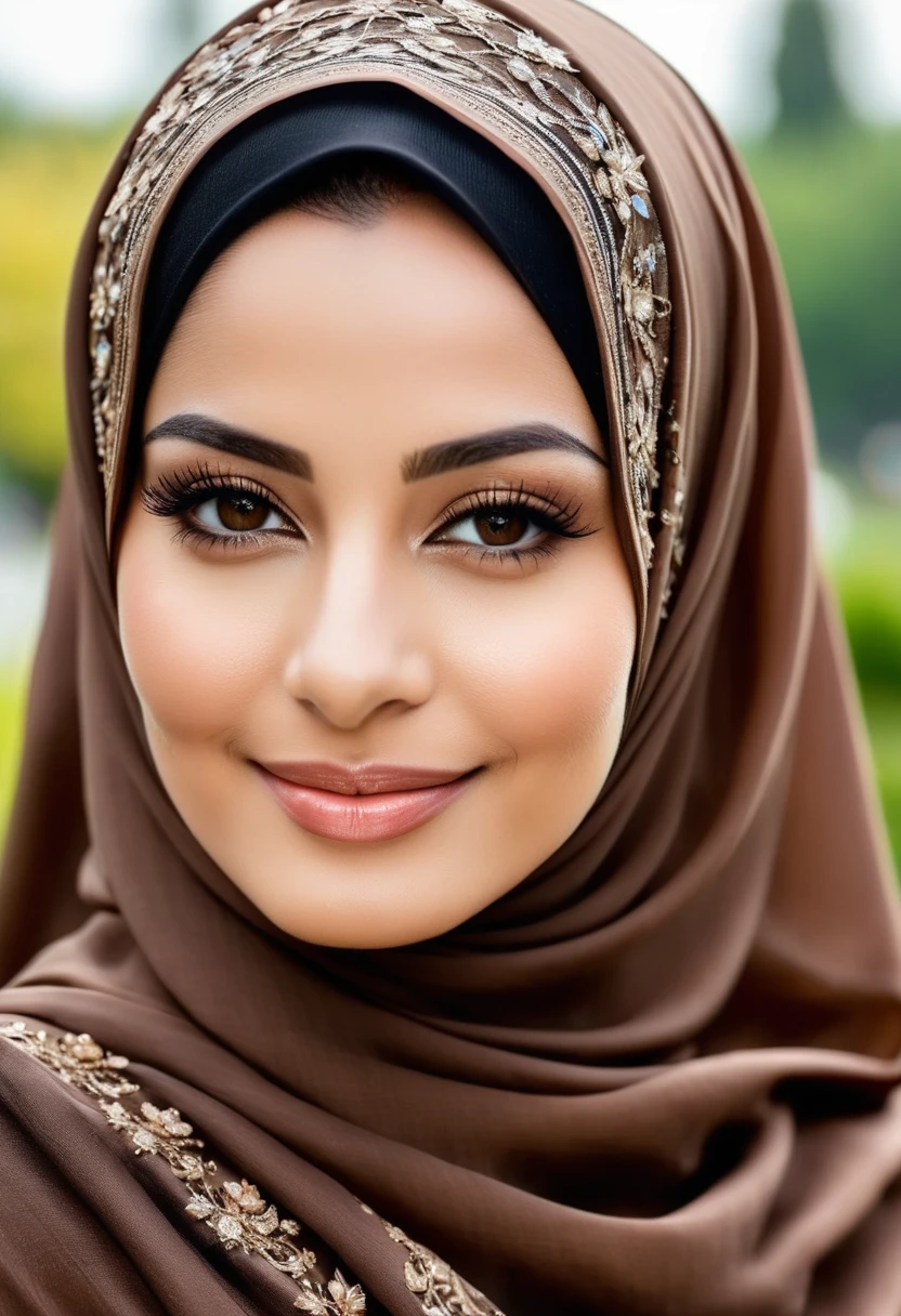 Beautiful woman, mid thirties, wearing brown large wide hijab covering her chest, and brown large wide abaya robe covering her body. Very beautiful face. Sharp oval face. Sharp arched eyebrows, lush eyelashes, beautifully detailed sharp eyes, sharp pointed nose, perfect thin lips, smiling nicely. Elegant style. Beauty pageant winner, Polite style. Muslimah. Pious woman. Flower park in the background. 16K. Ultra HD. Super high resolution photo. Intricate details. Ultrarealistic photo. Half-body photo. Daylight. Bright lights. Photo session in a flower park. 