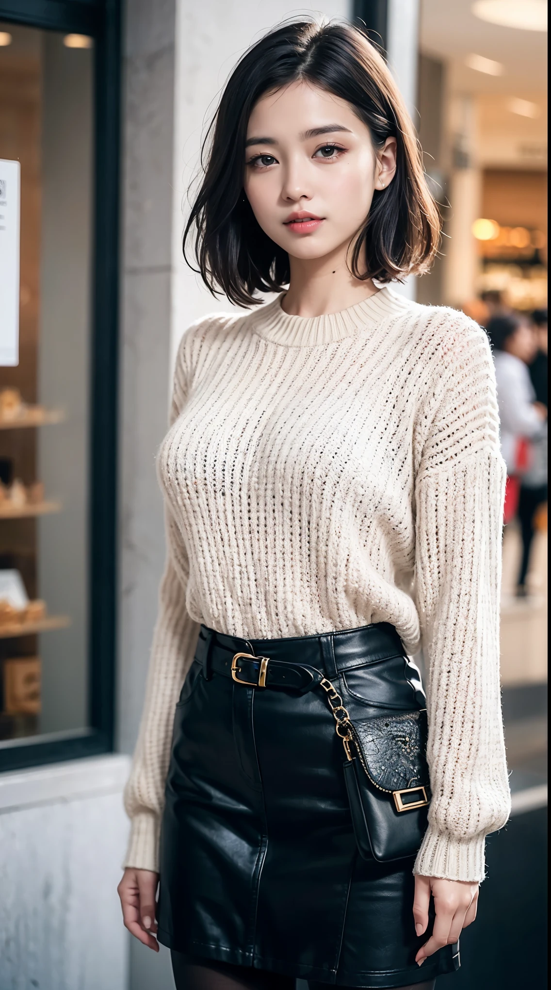 Beautiful girl standing in front of a store in a shopping mall,
(Surreal,High resolution, Very detailed:1.2), (8k), (Beautiful and beautiful eyes, Detailed face:1.2), (highest quality), (Very detailed), (( Mastepiece)),highest quality,Very detailed,
Beautiful woman standing wearing a dark red checked single-breasted blazer ,break, White turtleneck sweater,
High-waisted flared jumper skirt with blue belt, (Ultra-realistic pantyhose), full body shot、
Black Medium Bob, Fine and beautiful eyes, Cute face, bust, Big Boss, Fine and beautiful features, Captivating smile,
Age 25, Mature, Realistic drawing art , 
1 female, (Whole Body Ezbian:1.2),(頭からbustへの画像スコープ),