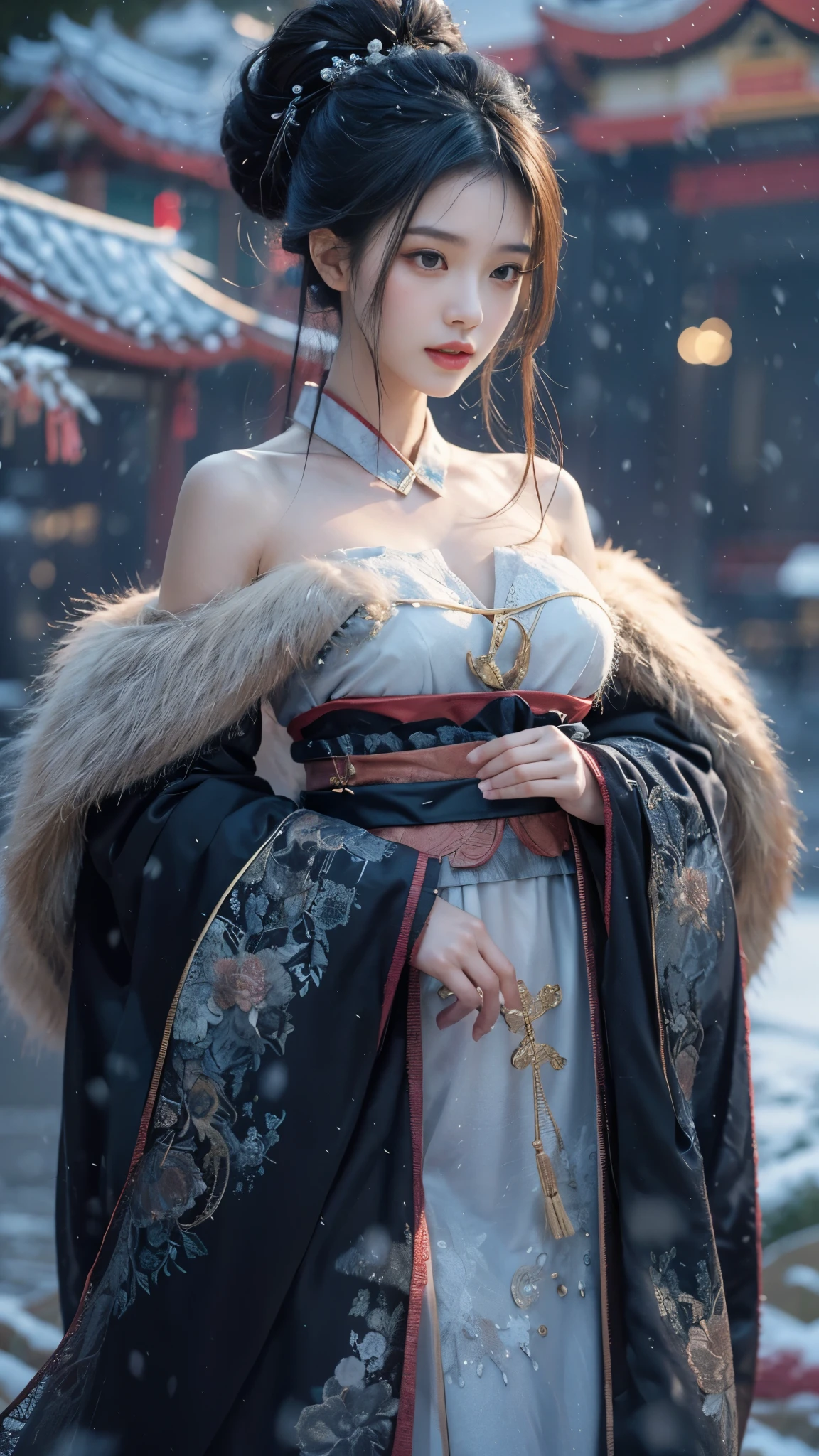 best quality, masterpiece,8k,(Realistically:1.4),Ultra-high resolution,1 girl,(Black transparent, Lace),(Ultra-realistic skin maps), Ultra Detailed, Surreal, Highly detailed CG illustrations, official art, Movie Lighting, Practical, Young beautiful girl,Perfect body, Full view,enjoy expression,(Start from below:1.3), Sexy pose, Sexy long legs, confidence, Beautiful and sexy, (Gorgeous Chinese Hanfu,cropped shoulder,S-Shape Pose, blush, Chapped lips, View Viewer , half body shot , (fur-edged cloak) ,(Chinese pavilions),It snowed heavily,The ground is covered with snow,
