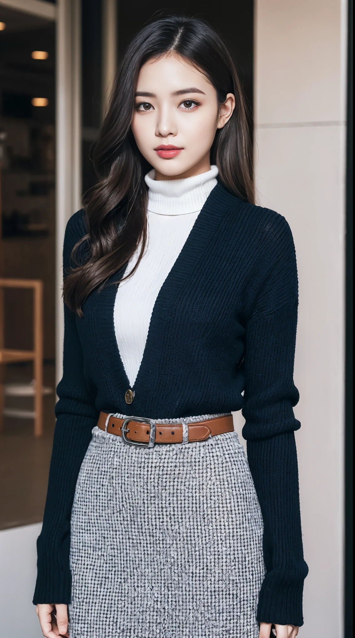Beautiful girl standing in front of a store in a shopping mall,
(Surreal,High resolution, Very detailed:1.2), (8k), (Beautiful and beautiful eyes, Detailed face:1.2), (highest quality), (Very detailed), (( Mastepiece)),highest quality,Very detailed,
Beautiful woman standing wearing a dark red checked single-breasted blazer ,break, White turtleneck sweater,
High-waisted flared jumper skirt with blue belt, (Ultra-realistic pantyhose), full body shot、
Black Medium Bob, Fine and beautiful eyes, Cute face, bust, Big Boss, Fine and beautiful features, Captivating smile,
Age 25, Mature, Realistic drawing art ,
1 female, (Whole Body Ezbian:1.2),(頭からbustへの画像スコープ),