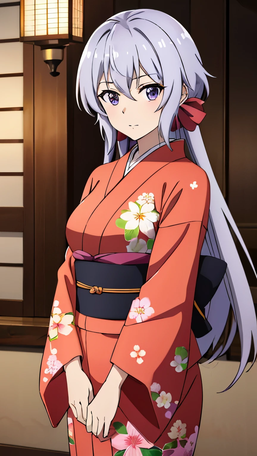 (best quality, 8K, high resolution, masterpiece:1.2), anime art style, yukine chris, 1 girl, perfect face, perfect eyes, large medium breasts, silver hair, purple eyes, long hair, straight hair, soft expression, alone, (Japanese clothes, red kimono, long sleeves, floral print, sash, indoor, cowboy shot), viewer appreciation