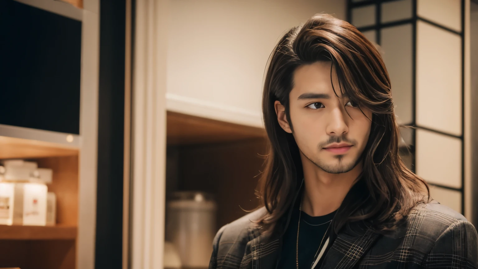 musician、A refreshing, handsome man in his 30s、(Super cool S-class boys)、Japanese male, 30 years old、、Inside a stylish cafeで撮影、a handsome guy、(CG Unity 8K high resolution photo)、(Very detailedSクラスのa handsome guy性)、(Photorealistic)、(highest quality))、Very detailed、super high quality、expensive、Audience、kind person、Very beautiful hair Perm Hair、Bright photo、Handsome like a model、Handsome like an idol、looking at the camera、Inside a stylish cafe、Stubble、Long Hair、Long Hair、Wild and cool handsome guy