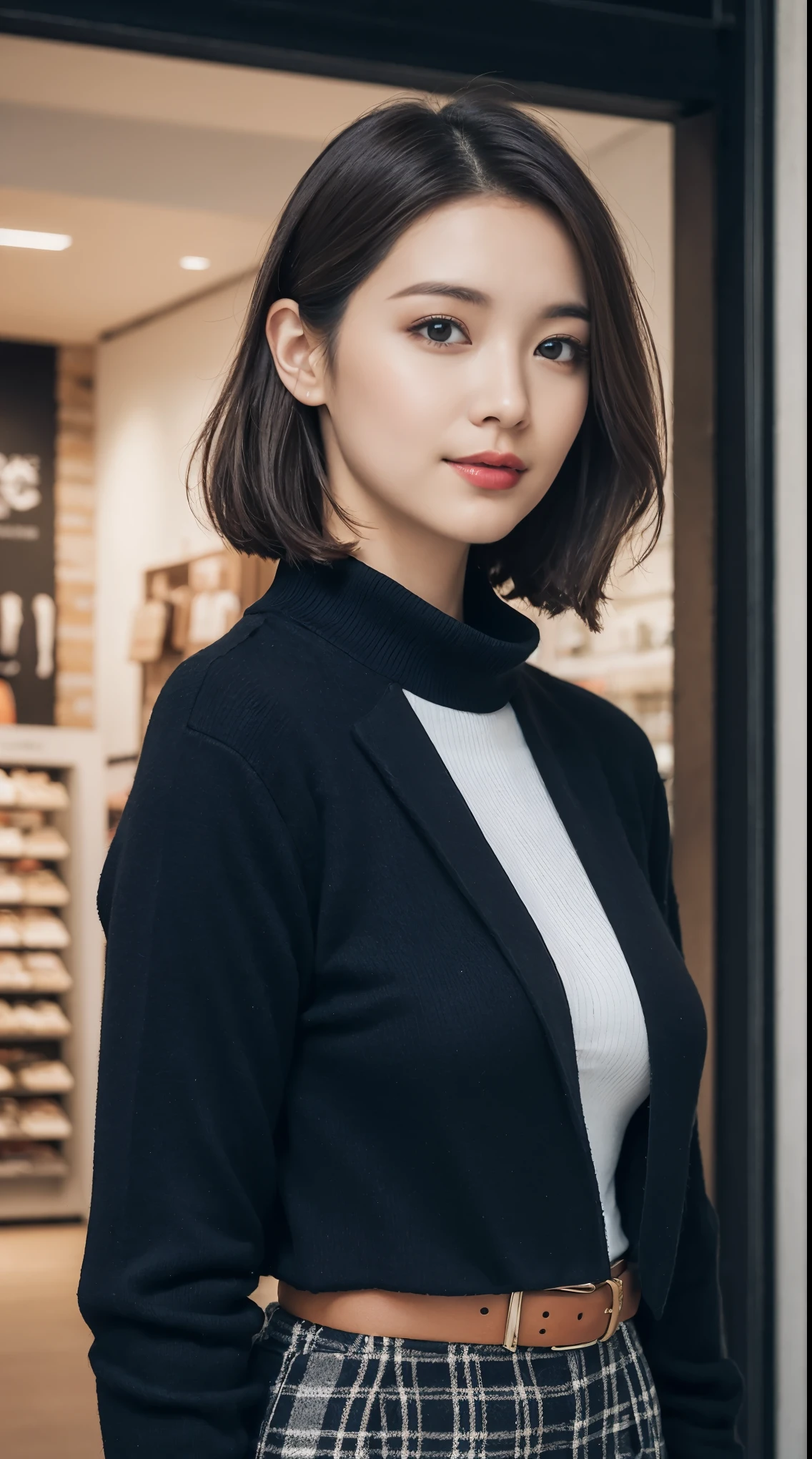 Beautiful girl standing in front of a store in a shopping mall,
(Surreal,High resolution, Very detailed:1.2), (8k), (Beautiful and beautiful eyes, Detailed face:1.2), (highest quality), (Very detailed), (( Mastepiece)),highest quality,Very detailed,
Beautiful woman standing wearing a dark red checked single-breasted blazer ,break, White turtleneck sweater,
High-waisted flared jumper skirt with blue belt, (Ultra-realistic pantyhose), full body shot、
Black Medium Bob, Fine and beautiful eyes, Cute face, bust, Big Boss, Fine and beautiful features, Captivating smile,
Age 25, Mature, Realistic drawing art ,
1 female, (Whole Body Ezbian:1.2),(頭からbustへの画像スコープ),