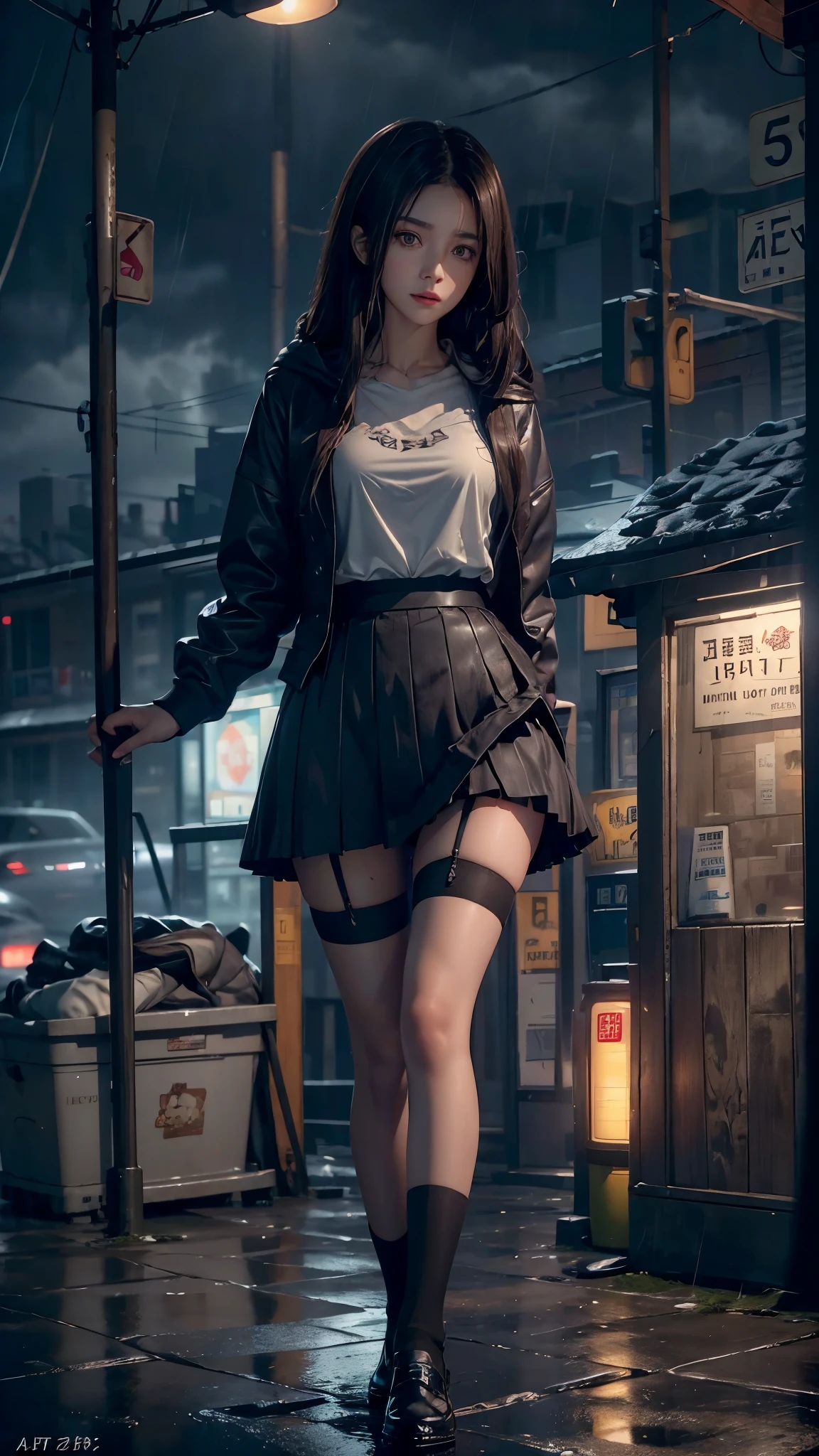 ((8k，masterpiece，best quality，Super detailed，Realistically))，extremely detailed face，Movie Lighting，Movie Lighting，Ray Tracing，Unlit Hair， On cloudy streets，Corner store，bus stop，rainstorm、heavy rain，Girl with dark hair and dark eyes.。(She was wearing a red fur-trimmed hooded jacket，White top，Short black skirt and black garter belt，clothes soaked by rain，Black exposure，outdoor depth tent ），Cinema lens lighting