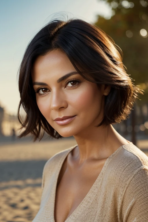 Photorealistic image of a 50-year-old woman, looks 50 years old, with a fashionable short haircut, luxurious dark hair and captivating brown eyes, starring in a photo shoot for a Parisian brand. Her facial expression should be natural and inviting, softly lit, warm light of the golden hour. Shooting location scenic outdoor scenery, For example, sun-drenched park or beach. Take a high resolution photo, using an 85mm lens, to get an attractive angle.