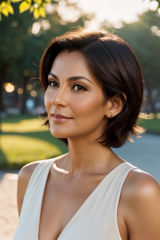 Photorealistic image of a 50-year-old woman, looks 50 years old, with a fashionable short haircut, luxurious dark hair and captivating brown eyes, starring in a photo shoot for a Parisian brand. Her facial expression should be natural and inviting, softly lit, warm light of the golden hour. Shooting location scenic outdoor scenery, For example, sun-drenched park or beach. Take a high resolution photo, using an 85mm lens, to get an attractive angle.