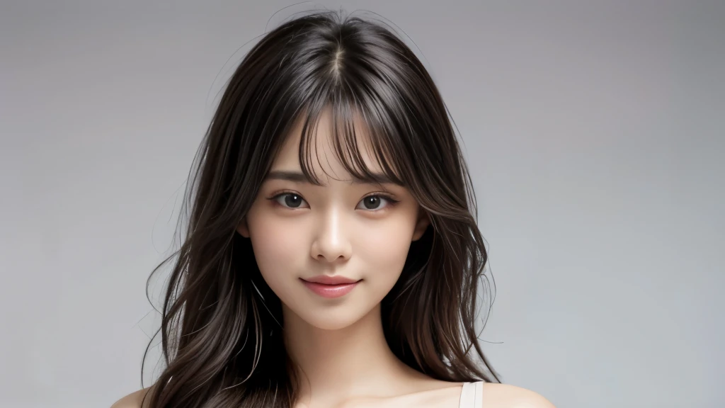 (Realistic: 1.4), (highest quality: 1.4), (Fine grain), Full body shot, ((Blur the background)), ((Watching the audience)), ((1 female college student)), Black wavy hair, ((Plain clothes with little exposure)), Wide eyes, Blushed face, ((smile)), ((White background)), Highly detailed face and skin texture, Healthy Skin, 8k resolution